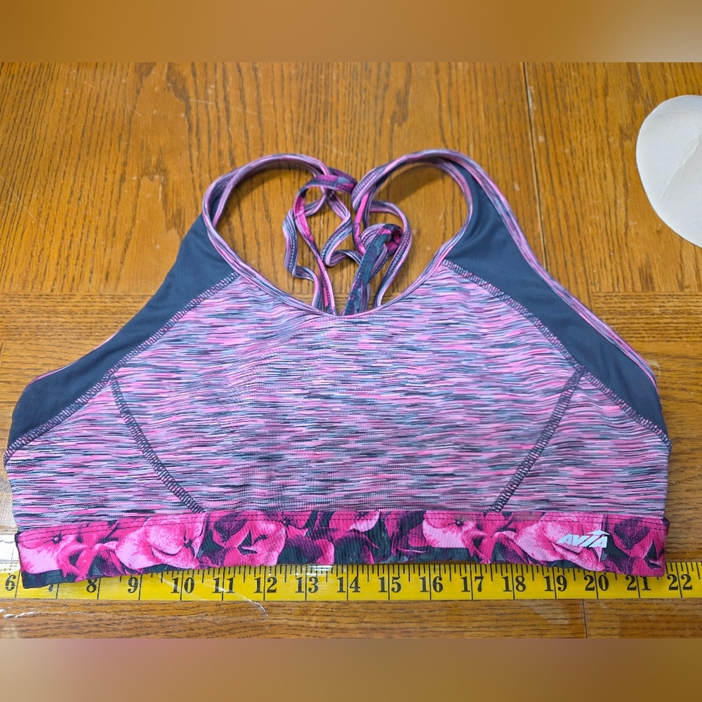 Avia Sports Bra Women's XL Pink Printed Floral Strappy Back Wireless Activewear